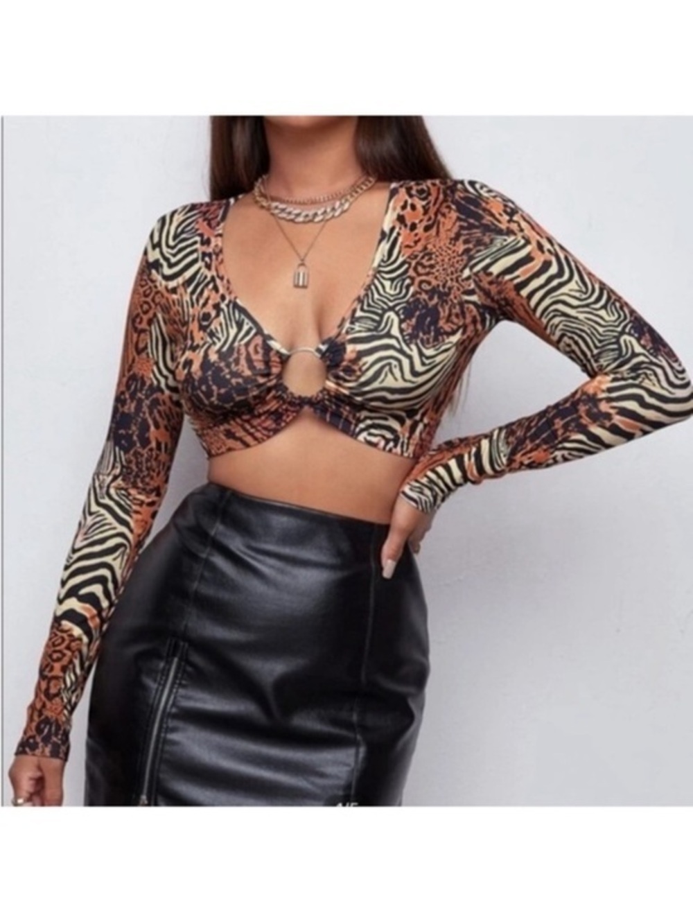 SHEIN Orange/Black Animal Print Ring-Front Long Sleeve Crop Top
